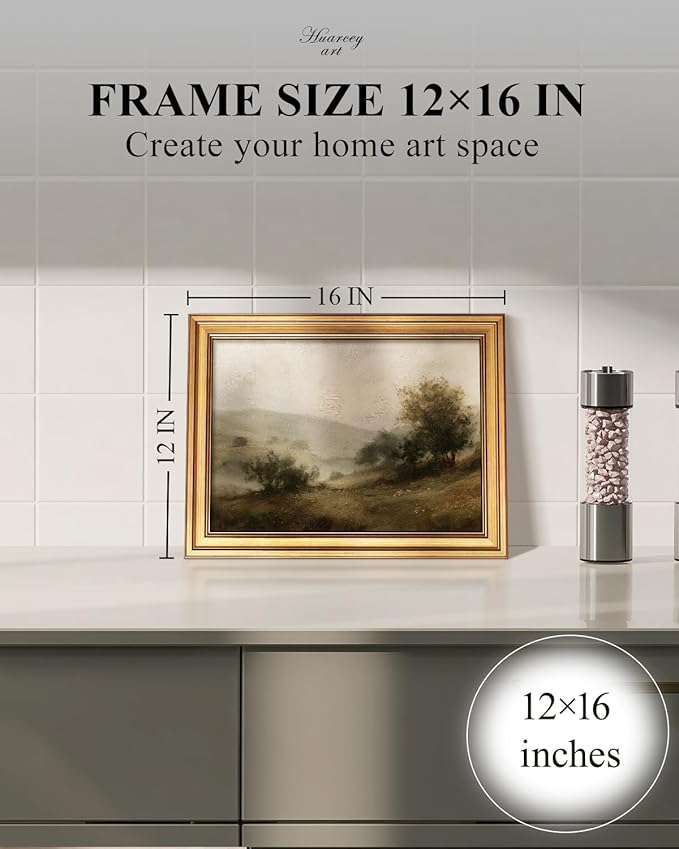 HUARCEY Framed Canvas Wall Art Vintage Decor, Quiet Mountains Picture Decor, Rustic Vintage Neutral Canvas Paintings Retro Table Desk Pictures for Bedroom Living Room, 12x16Inch