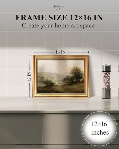 HUARCEY Framed Canvas Wall Art Vintage Decor, Quiet Mountains Picture Decor, Rustic Vintage Neutral Canvas Paintings Retro Table Desk Pictures for Bedroom Living Room, 12x16Inch