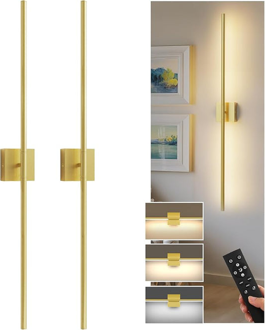 L LOHAS LED Battery Operated Wall Sconces Set of 2, Battery Wall Sconce 10000mAh, Gold Rechargeable Sconces 3CCT, 31.6 Inch Wireless Wall Lights, Sconce Wall Decor for Bedroom, Living Room