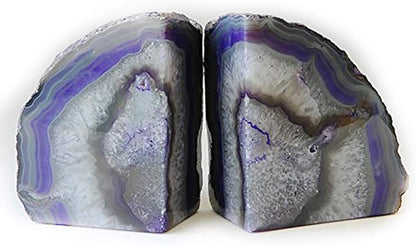 JIC Gem Dyed Purple Natural Agate Bookends Polished Stone Book Ends Crystal Geode Bookends for Shelves to Hold Books with Rubber Bumpers(1 Pair, 3-4 LBS)