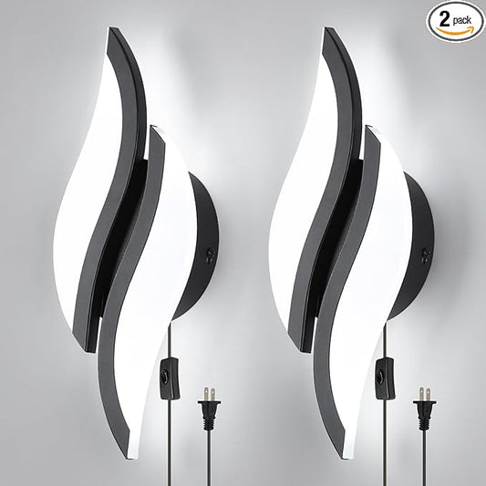 CANEOE Plug in Wall Sconces Set of Two 6000K Black Modern LED Wall Light Fixtures Acrylic Wall Sconce Lighting for Living Room Bedroom Bedside Bathroom Hallway Stairway Wall Lamp