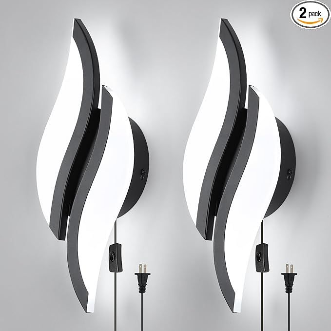 CANEOE Plug in Wall Sconces Set of Two 6000K Black Modern LED Wall Light Fixtures Acrylic Wall Sconce Lighting for Living Room Bedroom Bedside Bathroom Hallway Stairway Wall Lamp