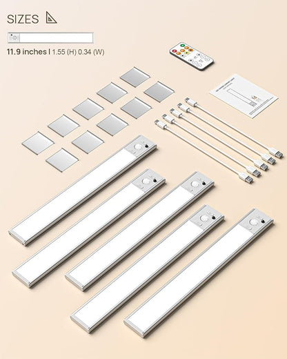 12" Under Cabinet Lights Wireless, Motion Sensor Light Indoor with Remote, LED Rechargeable Closet Light, 3 Color Temps, Dimmable, Magnetic, Under Counter Lights for Kitchen, Stairs, Pantry