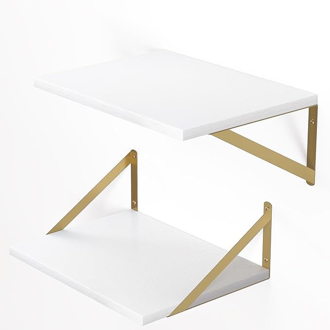 Heimlove Deep Floating Shelves for Wall, 16W x 12D Wood Wall Shelves Set of 2, Wide Floating Bookshelf for Living Room, Kitchen, Office, Bedroom and Decor Storage, with Golden Bracket - White & Gold