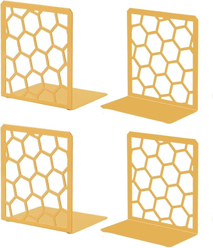 GEOMOD Geometric Honeycomb Gold Metal Bookends Decorative - Tall Sturdy Book Ends for Shelves - Modern Heavy Duty Bookend Stopper - Office or Home Book Shelf Book Holder - 6x3.25x6.25 Inches - 2 Pair