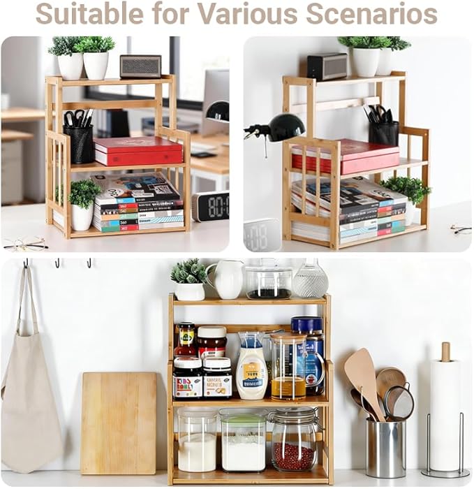 HYNAWIN Bamboo Spice Rack 3-Tier Kitchen Countertop Organizer, Adjustable Shelf Pantry Storage Stand for Herbs, Jars, and Bottles