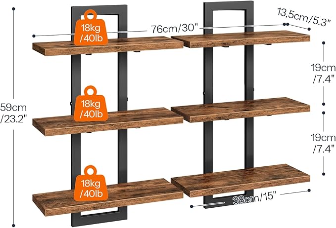 HOOBRO Floating Shelves, Set of 2 Wall Shelves, 3-Tier Wall Mounted Storage Shelves, Hanging Bathroom Shelves, for Living Room, Bedroom, Bathroom, Kitchen, Rustic Brown and Black BF31BJP201