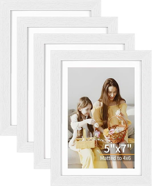 5x7 Picture Frame Set of 4, Displays 4x6 with Mat or 5x7 Without Mat, Photo Frames for Wall Hanging or Tabletop, Includes HD Plexiglass, White