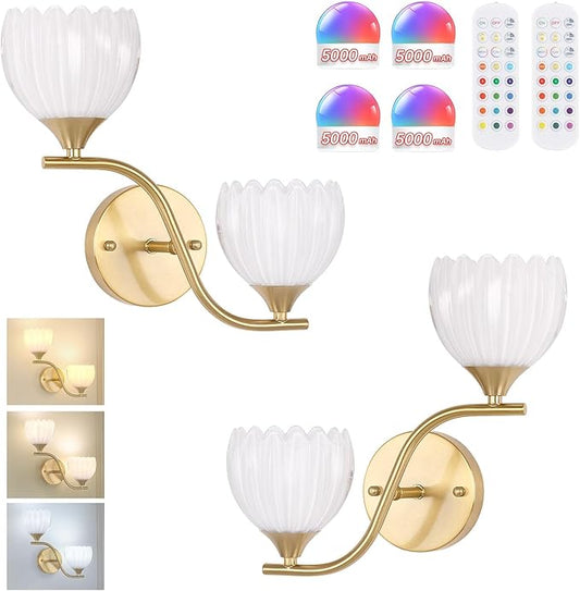 Battery Operated Wall Sconce, 2-Lights Vinatge Brass Wall Lighting with White Tluip Shade Rechargeable Bulb with Remote for Living Room, Bedroom，Symmetrical 2 Pack