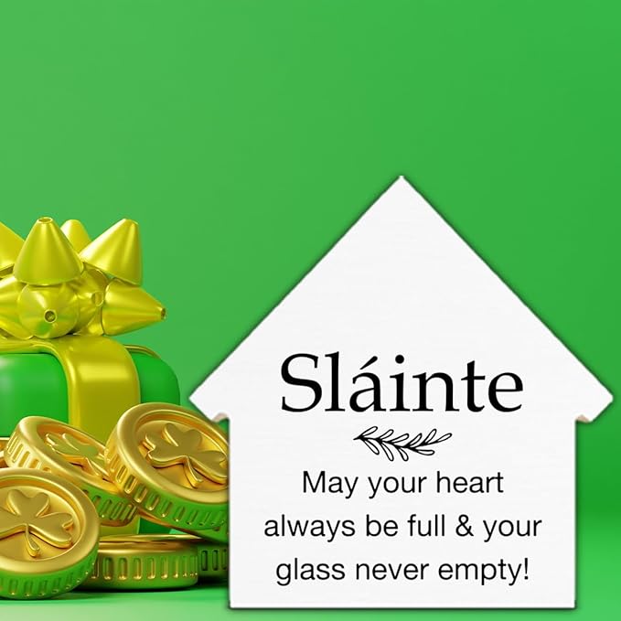 Slainte Sign, Irish Blessing Decor, May Your Heart Always Be Full House Shaped Wood Block Sign, Irish Gifts for Women Men, Home Kitchen Decor for Desk Table Shelf