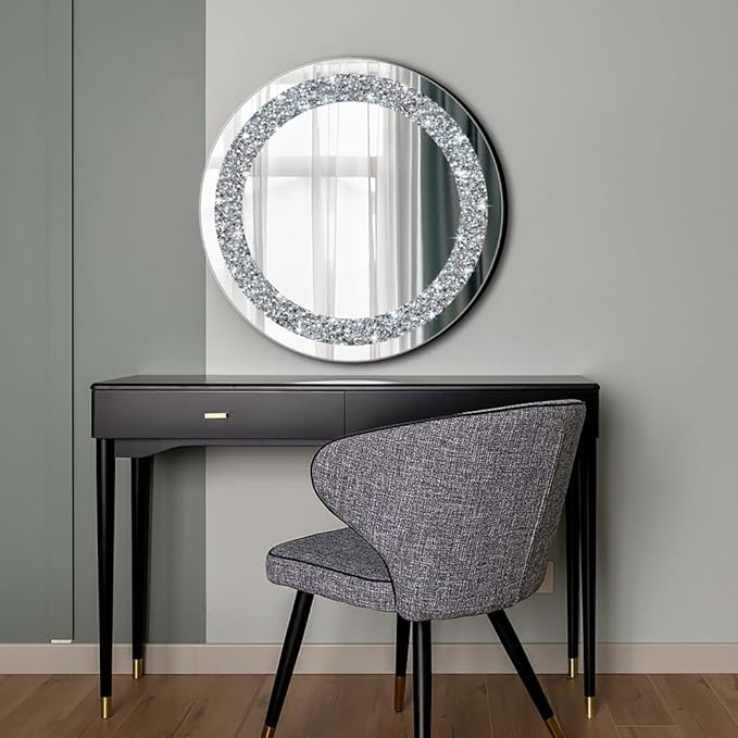 Crystal Crush Diamond Sparkly Round Silver Mirror for Wall Decoration 20x20x1 inch Wall Hang Frameless Bling Stylish Gorgeous Glam Mirror Vanity Home Decor.