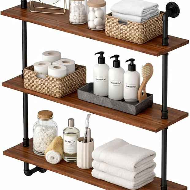 3-Tier Industrial Pipe Floating Shelf – Rustic 24 inch Wood Wall-Mounted Storage Shelf for Kitchen Office,Bathroom & Home Decor -Walnut