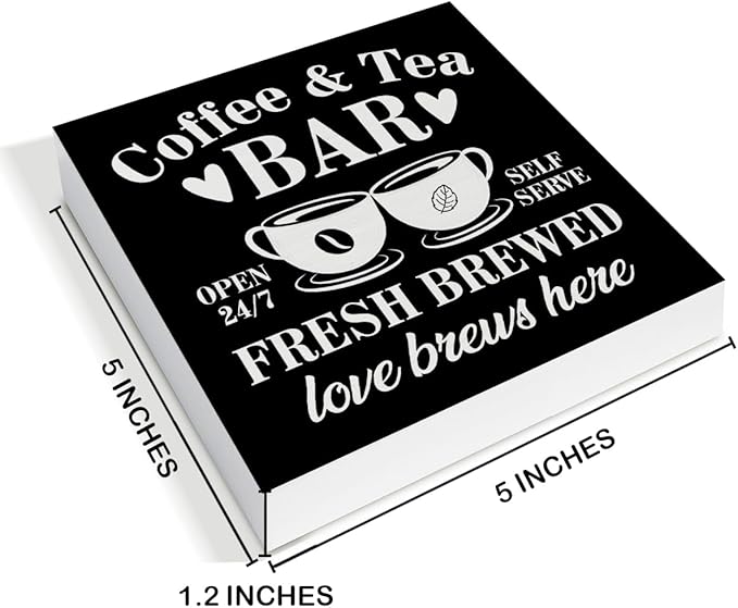 Coffee Bar Decor - Tea Station - Coffee and Tea Bar Wood Sign Home Kitchen Desk Shelf Table Tabletop Decor 5×5 Inches