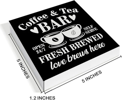 Coffee Bar Decor - Tea Station - Coffee and Tea Bar Wood Sign Home Kitchen Desk Shelf Table Tabletop Decor 5×5 Inches