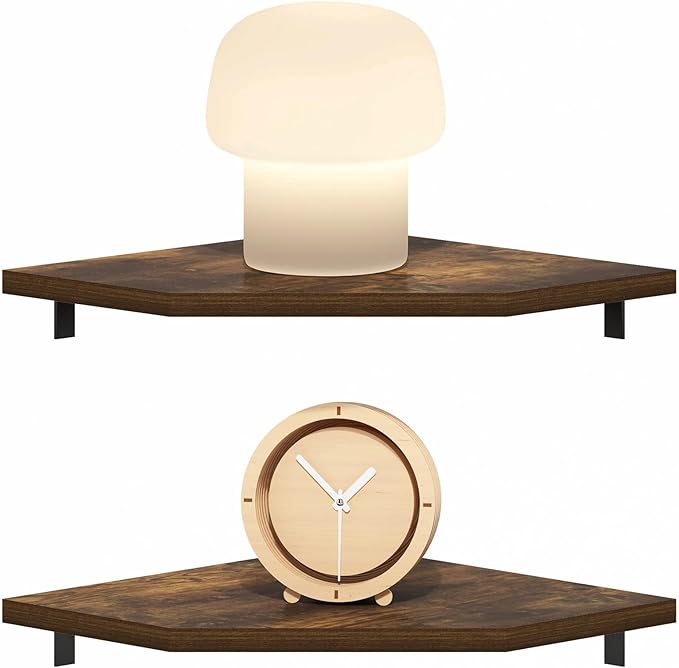 Furinno Rossi Hexagon Floating Shelves for Wall, Set of 2 Geometric Corner Shelf, Wall Mounted Shelves for Bathroom, Home Office, Living Room, Amber Pine