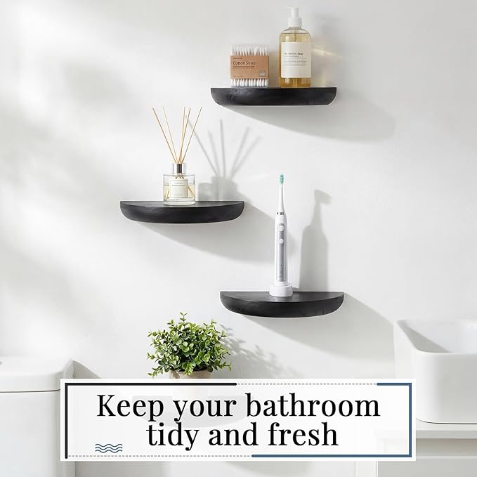 4 Pcs Solid Wood Half Round Floating Wall Shelves, Elegant Floating Wooden Shelves, 8.27 Inch Wall Shelf for Living Room, Bathroom, Bedroom, Offices, Pictures Plant Book (Black)