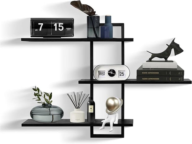PHOENANCEE 3 Tier Wall Shelves,Decorative Floating Shelf for Wall,Plants Photo Shelf Storage Display Shelving Wood for Living Room Bedroom Kitchen Home Office Decor,Modern,Large,22 Inch(Black)