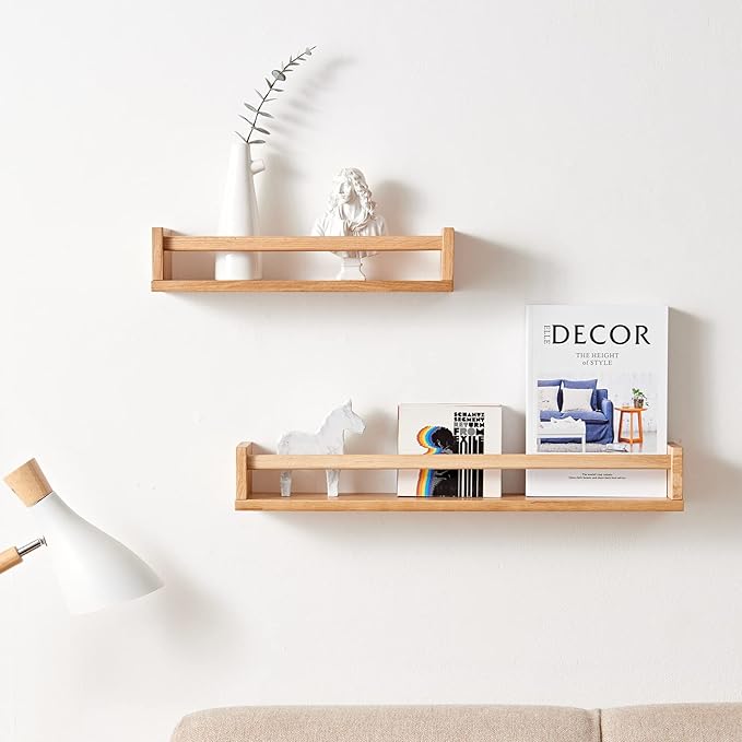 Oak Nursery Shelves, Natural Wood Nursery Floating Shelves for Wall Mounted, Wall Bookshelf for Bedroom Living Room Kitchen Spice Rack,16 Inch