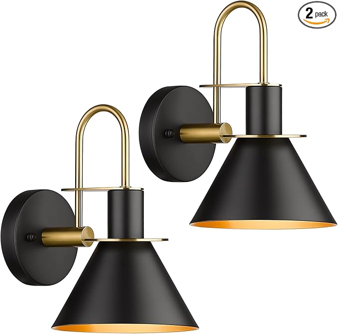 Wall Sconces Set of Two, HWH Modern Sconce Wall Lighting, 1-Light Black Barn Vanity Light, Industrial Wall Lamp for Bedroom Kitchen Bathroom, Black and Gold Finish, 5HZG56B-2L BK+BG