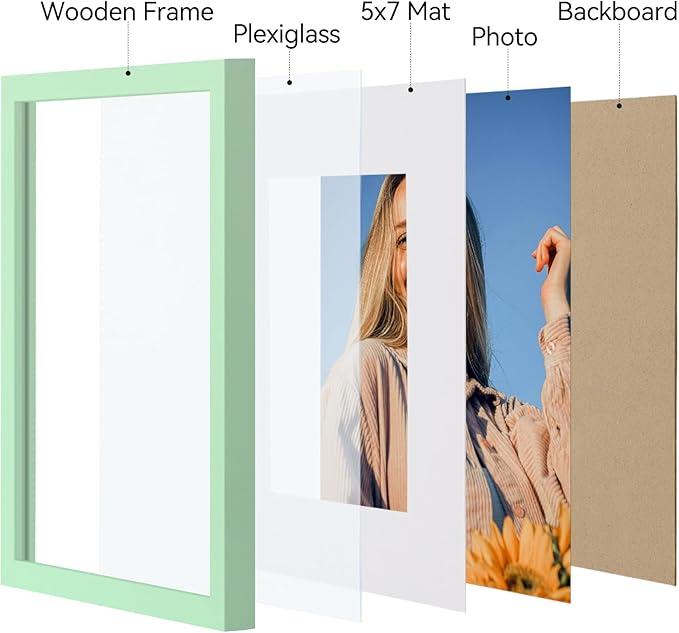 Vittanly 8x10 Picture Frames Set of 4, Display Pictures 5x7 with Mat or 8x10 without Mat, Gallery Wall Frame Set for Wall or Tabletop, Engineered Wood with Shatter Resistant Plexiglass, Light Green