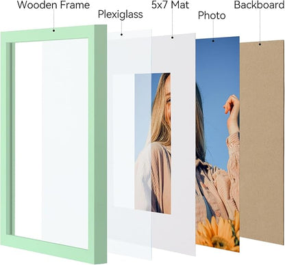 Vittanly 8x10 Picture Frames Set of 4, Display Pictures 5x7 with Mat or 8x10 without Mat, Gallery Wall Frame Set for Wall or Tabletop, Engineered Wood with Shatter Resistant Plexiglass, Light Green
