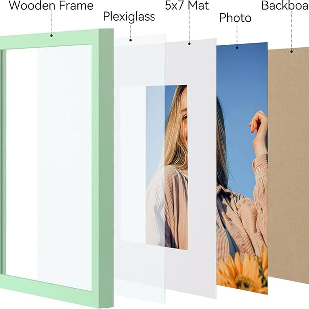 Vittanly 8x10 Picture Frames Set of 4, Display Pictures 5x7 with Mat or 8x10 without Mat, Gallery Wall Frame Set for Wall or Tabletop, Engineered Wood with Shatter Resistant Plexiglass, Light Green