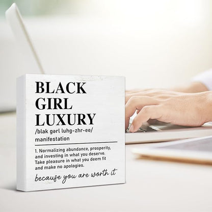TSUYAWU Black Girl Luxury Definition Wooden Sign Motivational Decor for Home Office Bedroom, 5 x 5 Inches