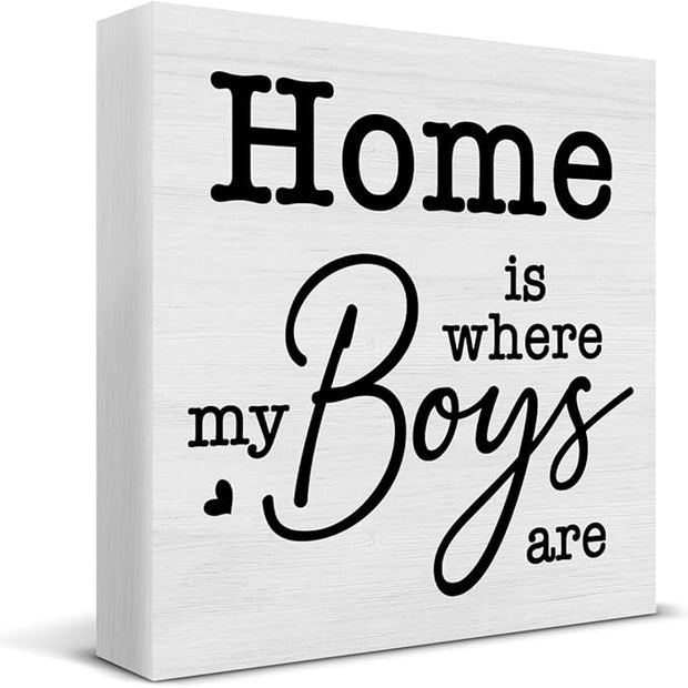 New Mom Gifts Rustic Family Decor Home Is Where My Boys Are Wooden Sign Family Decorations for Home Living Room Bedroom Desk Shelf Table 5 x 5 Inches