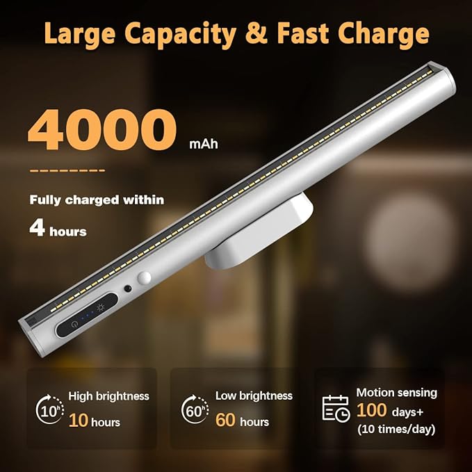Hapfish Motion Sensor LED Light Bar Indoor, Rechargeable Under Cabinet Lighting Wireless, Magnetic Battery Powered Operated Wall Strip Lights with Remote Control for Picture Shelf Closet – Silver