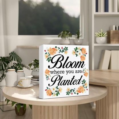 Spring Decor - Spring Decorations for Home - Bloom Where You Are Planted Wood Sign Home Desk Table Shelf Tabletop Decor 5×5 Inches