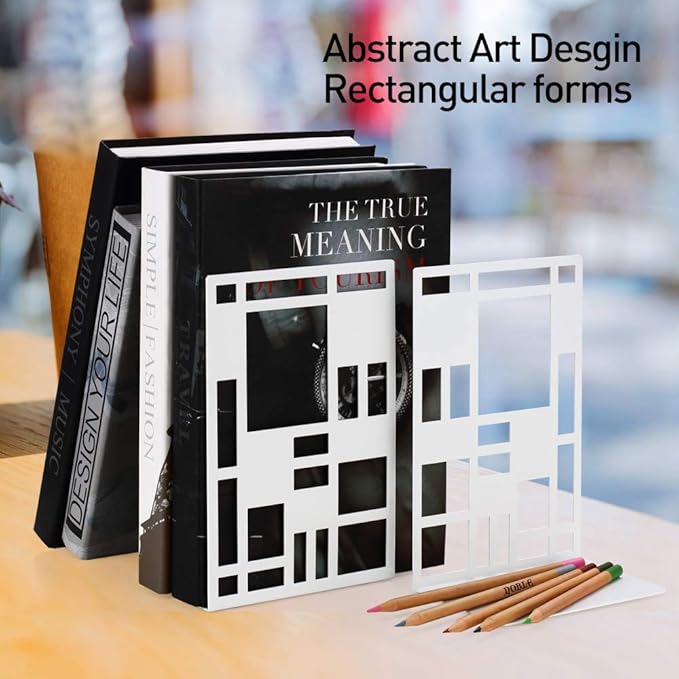 Book Ends, Bookends, Book Ends for Shelves, Bookends for Heavy Books, Book Divider Decorative Holder, Metal Heavy Duty Bookend White 1 Pair, Abstract Art Desgin Book Stopper Supports for Office, Home