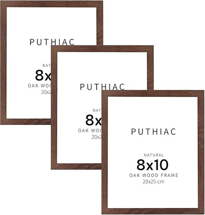 puthiac 8x10 Solid Oak Wood Picture Frame, Fits 6x8 with Mat or 8x10 Without Mat, Wall or Tabletop Display with Stand, Vertical or Horizontal, Plexi Front, 3 Pack, Walnut
