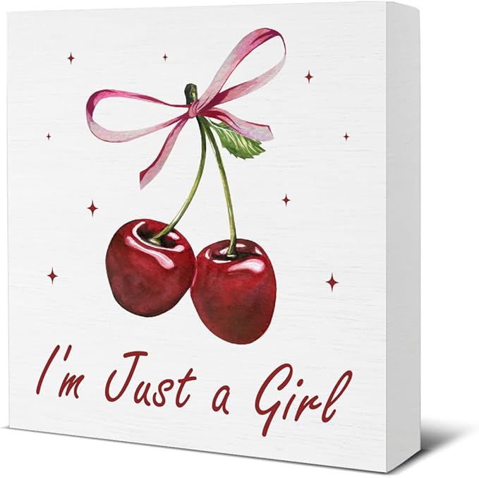 Cherry Decor - Bow Decor for Girls Room - Cherry Decoration for Home - I'm Just a Girl Wood Sign Home Girls Bedroom Nursery Dorm Desk Shelf Table Tabletop Decorations 5×5 Inches
