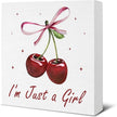 Cherry Decor - Bow Decor for Girls Room - Cherry Decoration for Home - I'm Just a Girl Wood Sign Home Girls Bedroom Nursery Dorm Desk Shelf Table Tabletop Decorations 5×5 Inches