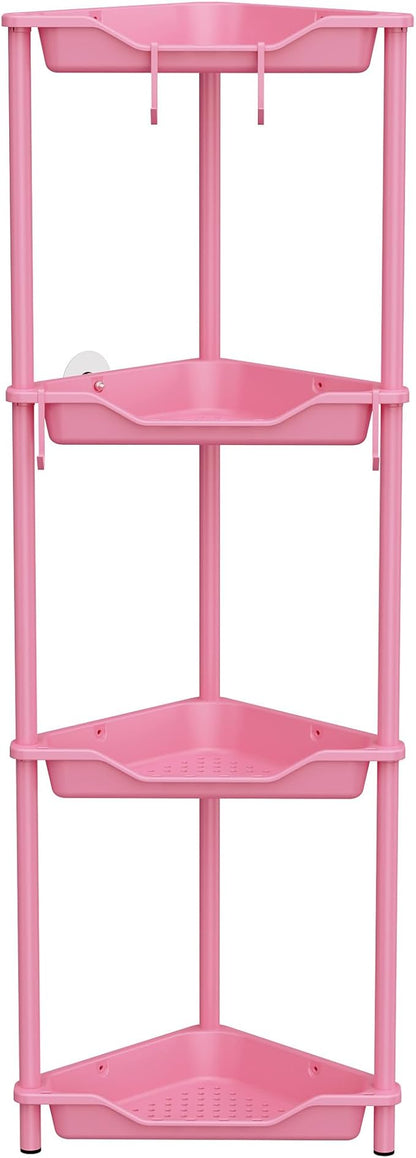 Orimade Rustproof 4 Tier Floor Standing Corner Shower Caddy Organizer, Plastic Metal Splicing Floor Corner Shelf Rack Storage Stands for Bathroom,10.8 x 10.8 x 44.6 inches, Pink