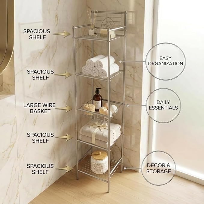 Bath Bliss 5 Tier Storage Shelf | 13"x 11.6"x 58.5" | Freestanding | Bathroom Storage | Rust Resistant | Easy Assemble | Satin