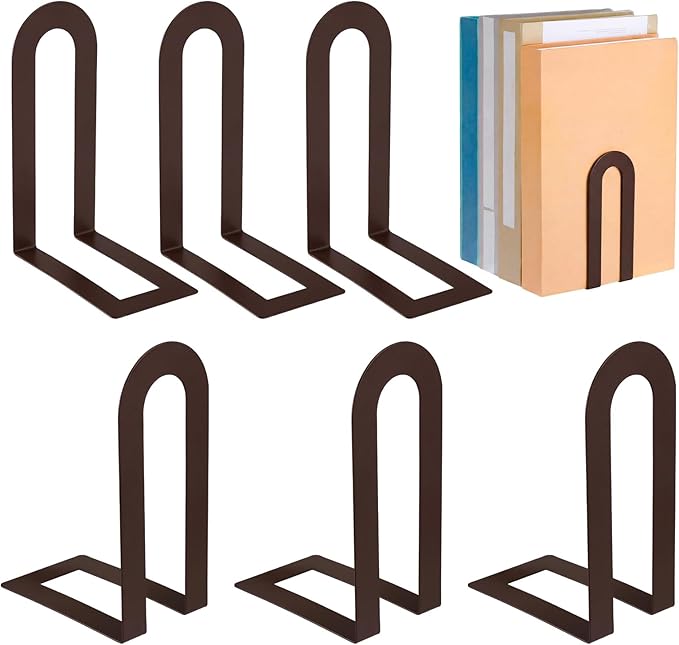 Chunful 6 Pcs Modern Metal Book Ends for Shelves Decorative Small Bookends Book Shelf Organizer Minimalist Design Stopper to Hold Books for Home Office (Bronze,5.5 * 3.75 * 2.25inch)