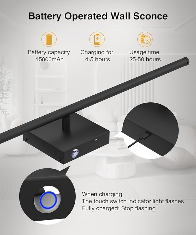 Battery Operated Wall Sconces Set of 2, Dimmable Battery Wall Sconce with Remote Control, Black LED Rechargeable Sconces, 36 Inch Modern Wireless Wall Lights for Bedroom, Living Room,Hallway