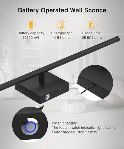 Battery Operated Wall Sconces Set of 2, Dimmable Battery Wall Sconce with Remote Control, Black LED Rechargeable Sconces, 36 Inch Modern Wireless Wall Lights for Bedroom, Living Room,Hallway