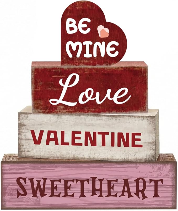 4 Pcs Pink Valentines Day Decorations for Home Happy Valentines Day Tier Tray Decor Love Valentine Sweetheart Sign Farmhouse Decorations for Home Office Tabletop Centerpieces