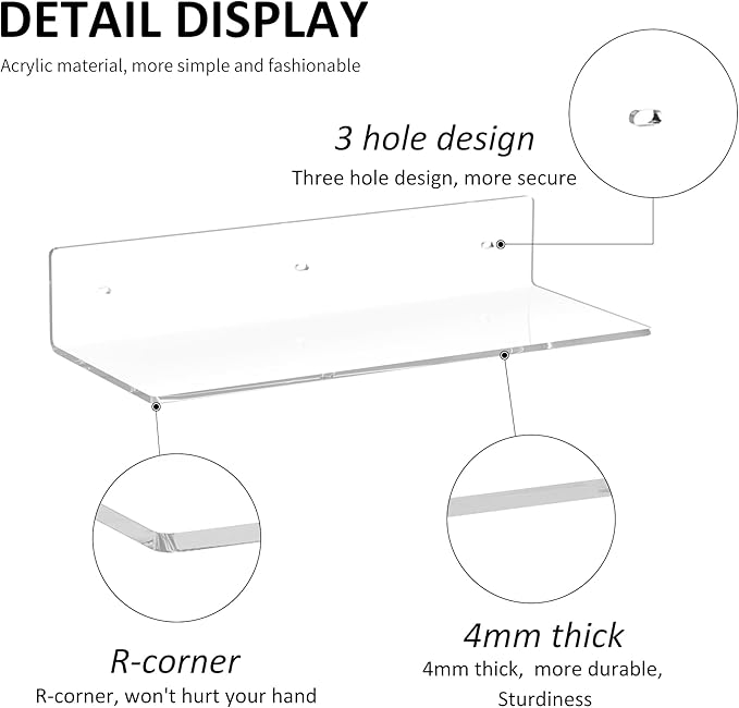 15 Inches Clear Acrylic Shelves, Wall Mounted Shelves for Bedroom, Wall Display Shelves for Collectibles, Funko Pop, Speaker, Plants, 2 Pack