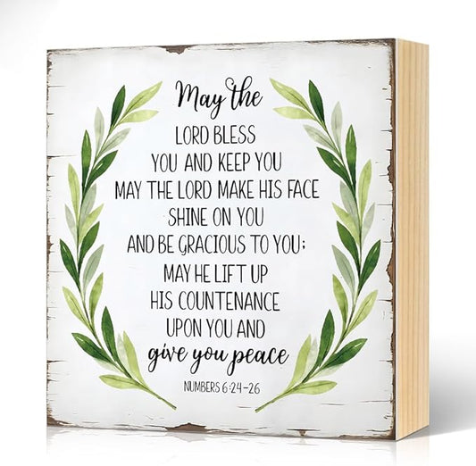 May The Lord Bless You Wood Block Plaque Box Sign for Home Living Room Coffee House Bar Shelf Table Office Decoration, Numbers 6:24-26 Bible Verse Decor Gifts for Women Mom Family Friends