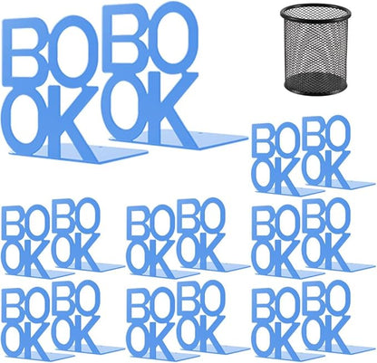 Book Ends - Decorative Metal Book Ends Supports for Bookrack Desk,Books, Unique Appearance Design,Heavy Duty (Blue, 8 Pair)