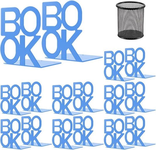 Book Ends - Decorative Metal Book Ends Supports for Bookrack Desk,Books, Unique Appearance Design,Heavy Duty (Blue, 8 Pair)