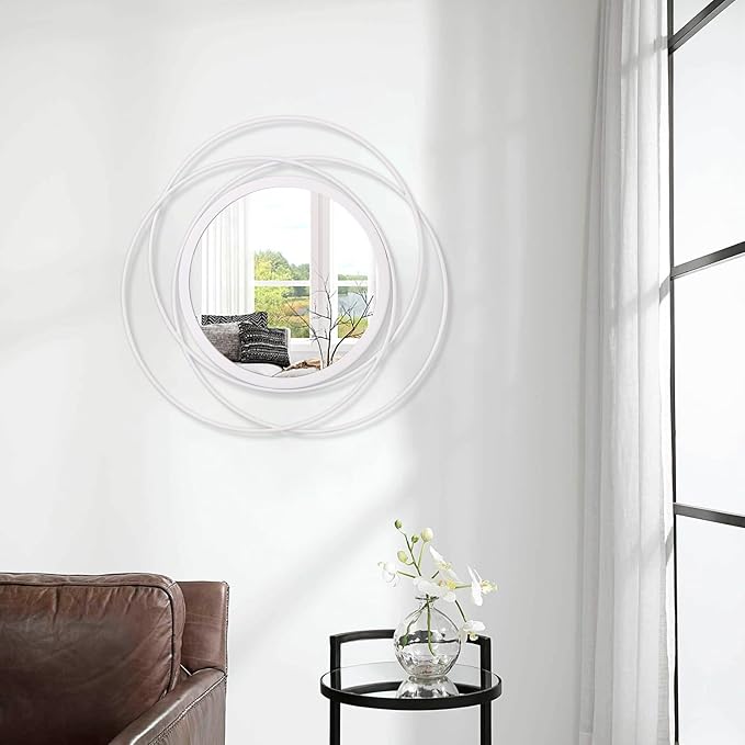 White Round Wall-Mounted Mirrors Wire Modern Metal Frame Arts Mirrors Home Decoration Hallway Bathroom Bedroom Living Room Farmhouse Entryway Large 20