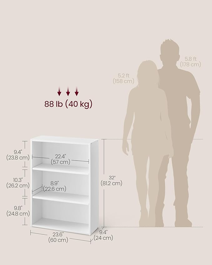 VASAGLE CUSTOS Collection - Bookshelf, 3-Tier Bookcase, Book Shelf, Open Storage Shelf, 9.4 x 23.6 x 32 Inches, for Living Room, Home Office, Dinning Room, Cloud White ULBC163T14