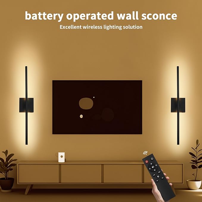 Battery Operated wall Sconce Set of 2 Rechargeable Wireless Cordless 12000ma 360° Rotation Large wall Lights lamp Modern Decor Linear Long Metal Black 28"