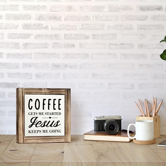 Coffee Gets Me Started Sign, Coffee Decor, Box Sign Wood Desk Sign Decor, Coffee Wood Sign, Funny Coffee Decor Sign, Religious Coffee Decor, Home Kitchen Decor, Coffee Bar Sign, Coffee Lover Gift