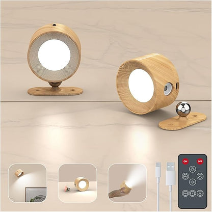 2PACK LED Wall Sconce - Rechargeable Cordless Wall Light, 3 Colors & 3 Brightness Levels, 360° Magnetic Rotating Head, Bedside Reading Lamp, Easy Install Battery Operated Lamp Wood