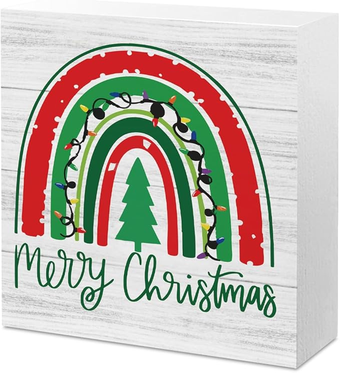 Merry Christmas Decor Christmas Teacher Sign Xmas Tree Rainbow Decor Decorations for Home Office Desk Table Cubicle Shelf Teachers Gift for Women Teacher 5 x 5 inch